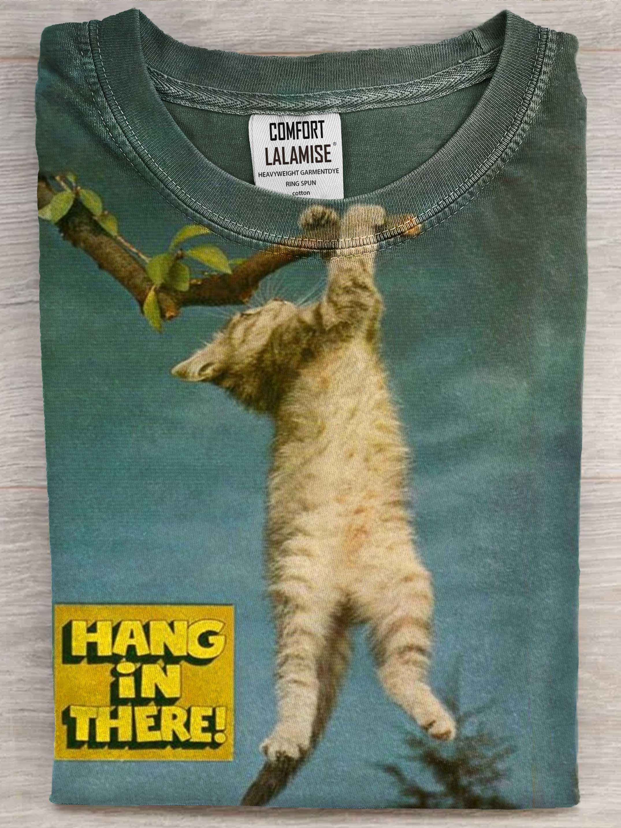 Vintage Hang In There Cat Art Print Casual Short Sleeve T-shirt
