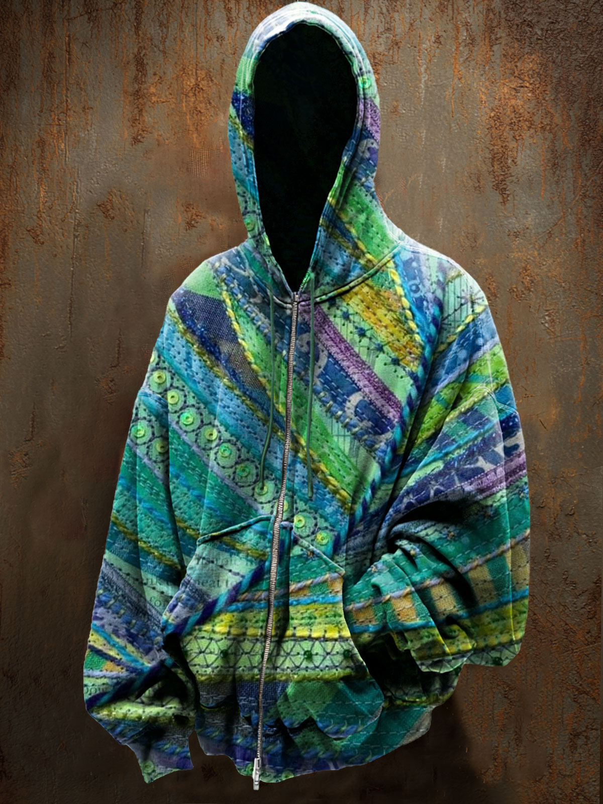 Abstrct Green Embroidery Art Print Casual Zip Hoodie Sweatshirt