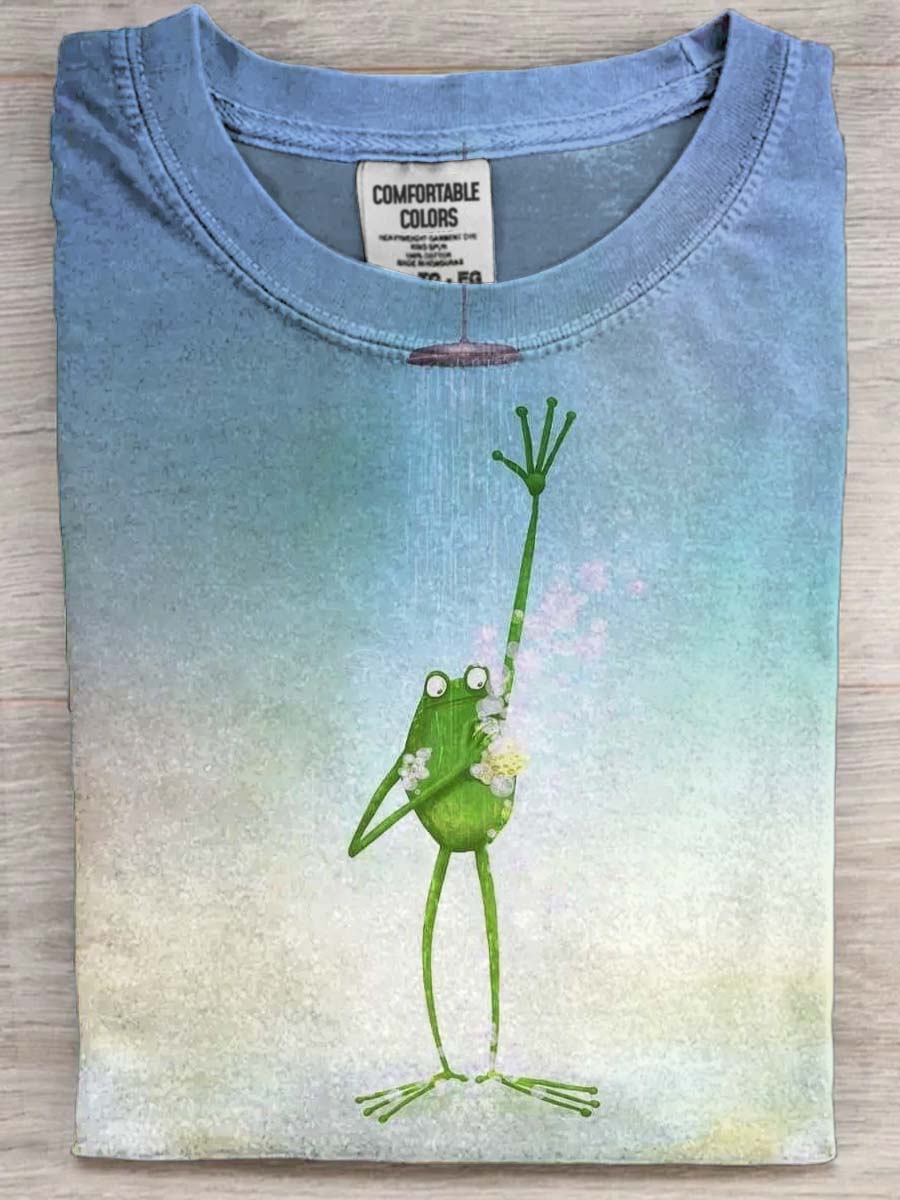 Fun Bathing Frog Print Casual Short Sleeve T-Shirt