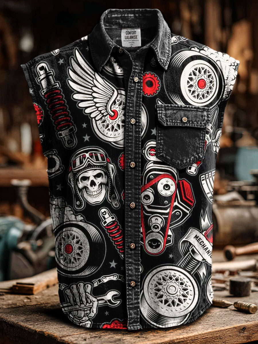 Retro Art Print Casual 100% Cotton Sleeveless Lapel Shirt