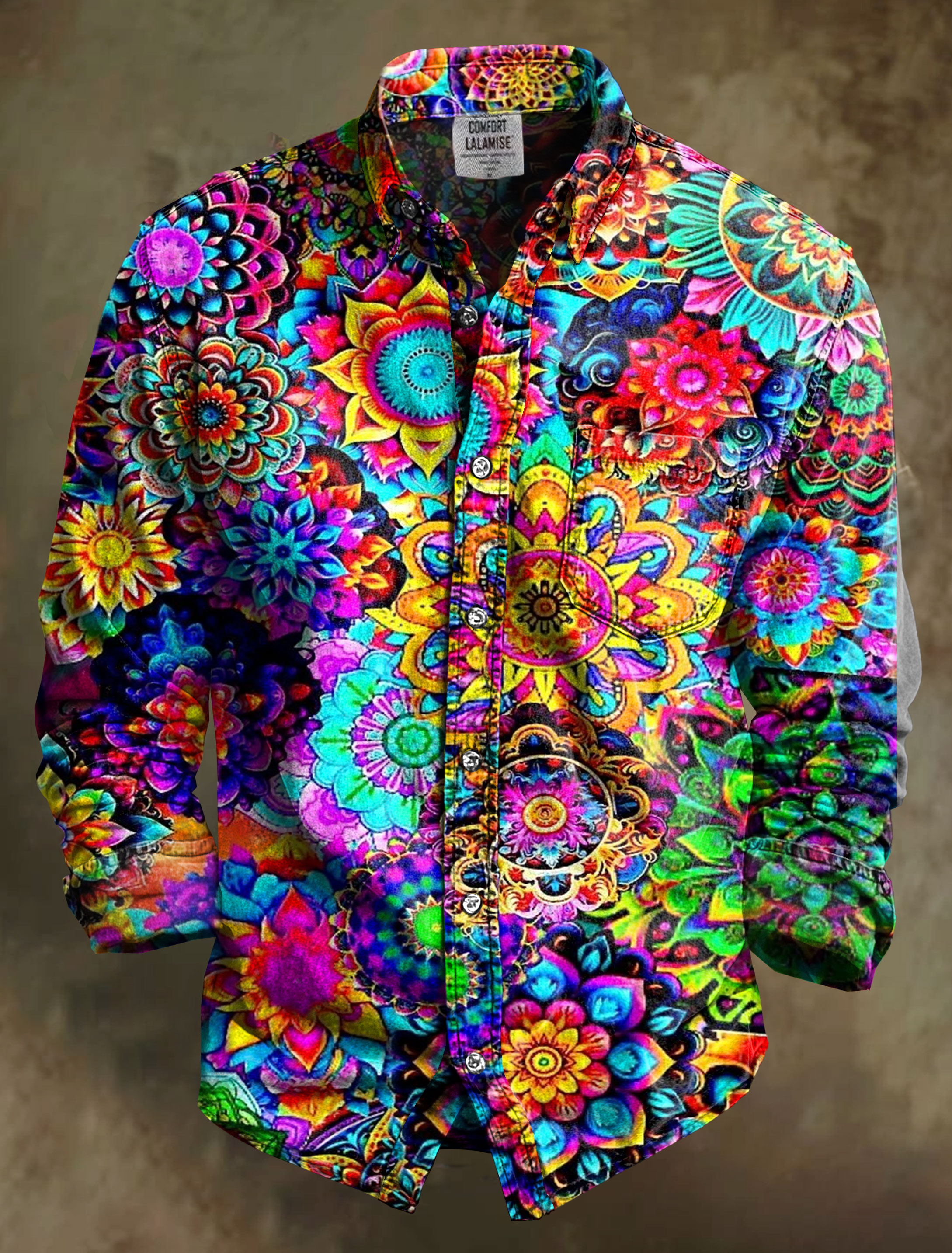 Psychedelic Multicolored Flowers Art Print 100% Cotton Long Sleeve Shirt