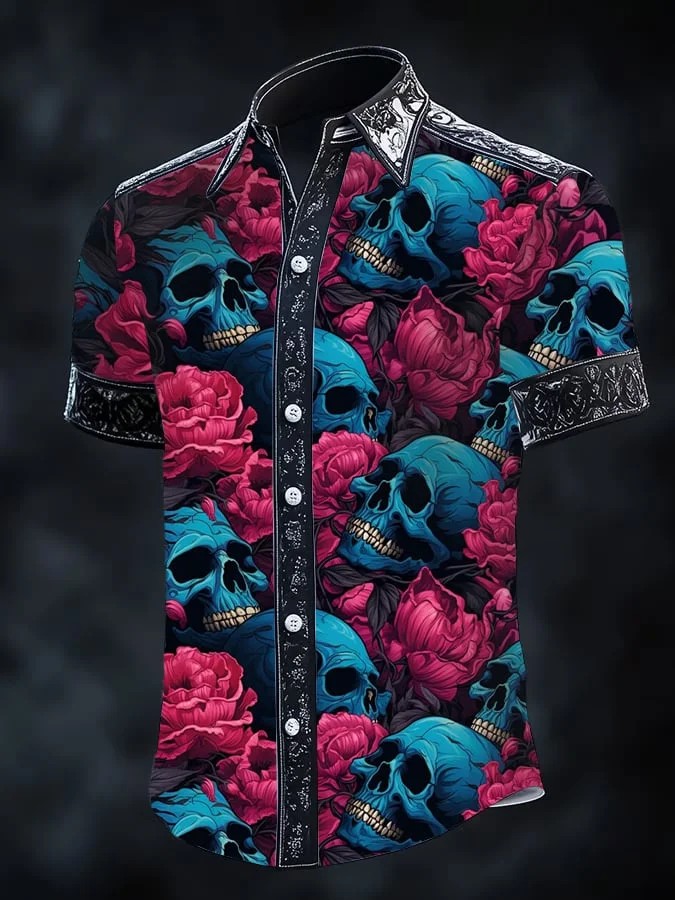 Rose Skull Print Casual 100% Cotton Shirt
