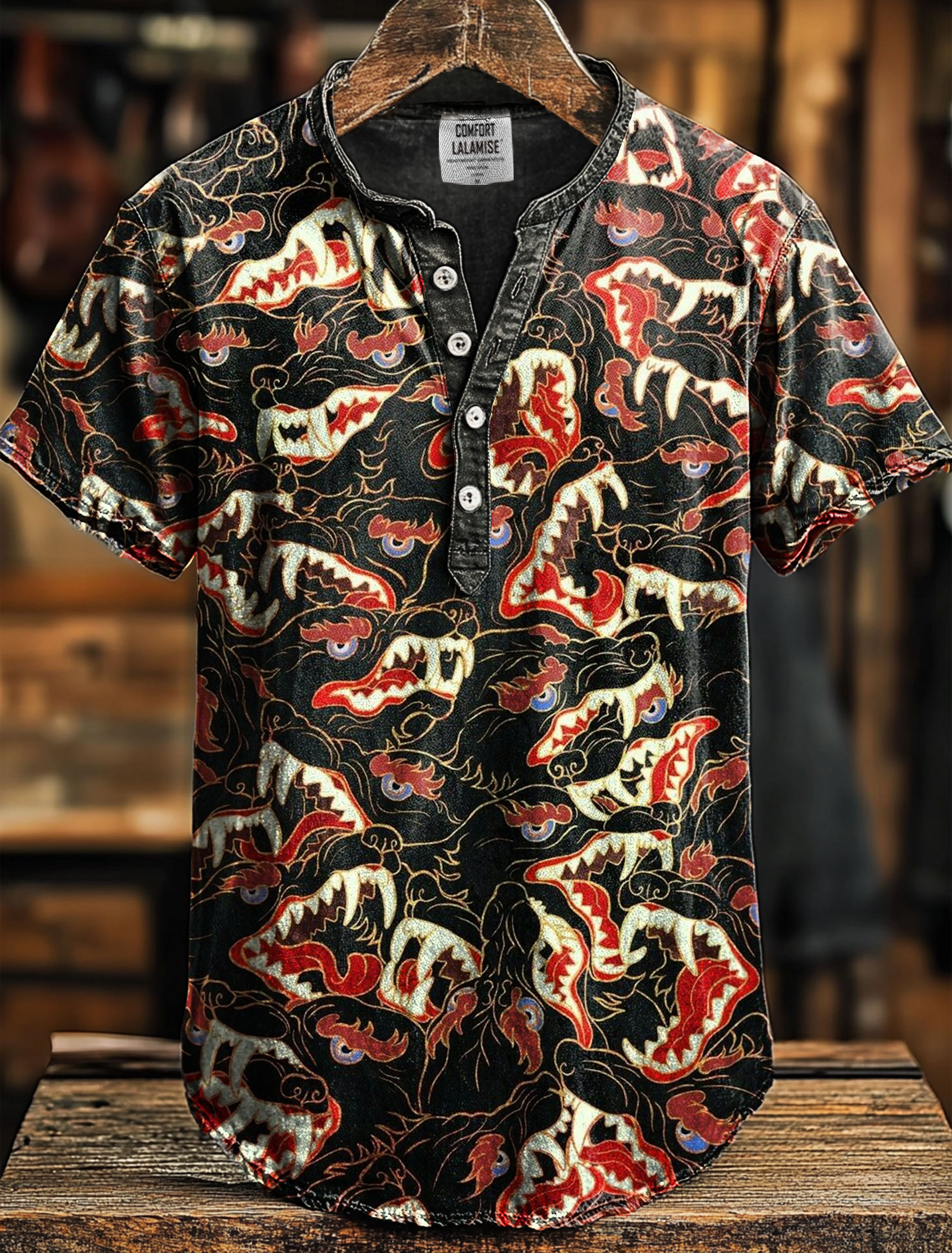Monster Art Print Henley Short Sleeve Shirt