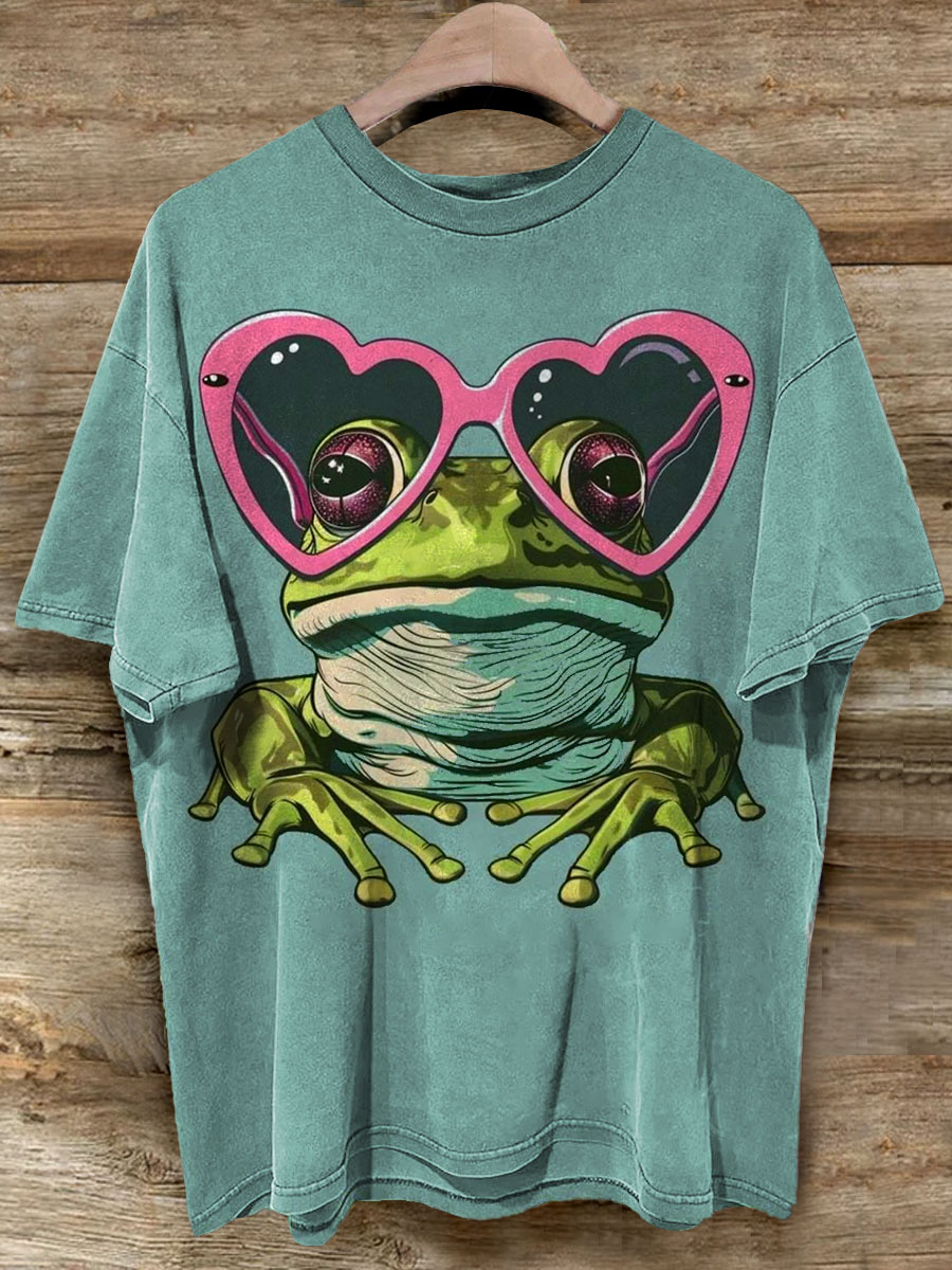Cute Frog With Heart Glasses Art Casaul Short Sleeve T-shirt