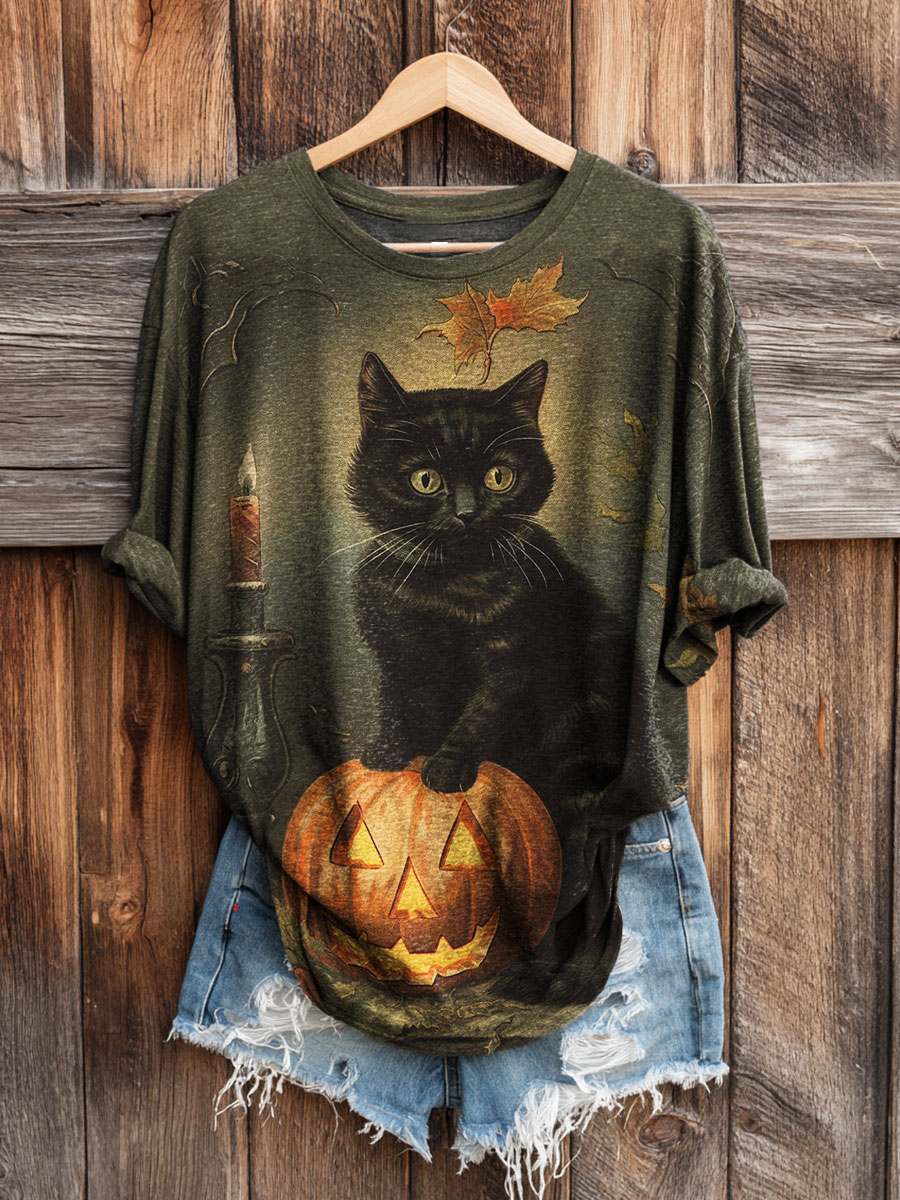 Halloween Cat Art Print Long-sleeved Casual T-shirt