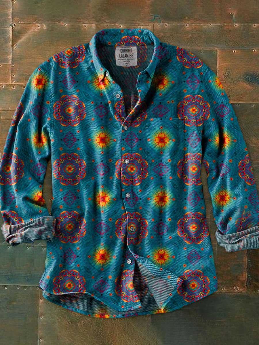 Vintage Ethinic Art Print 100% Cotton Long Sleeve Shirt