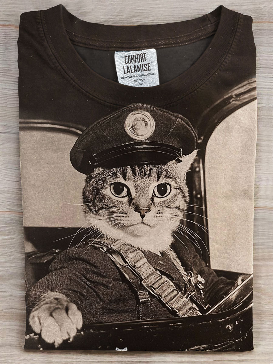 Vintage Cat Print Casual T-shirt