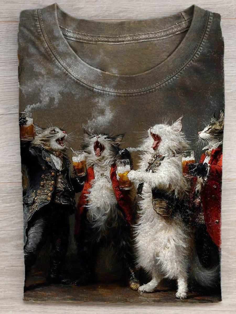 Fun Retro Smoking Cat Print T-shirt