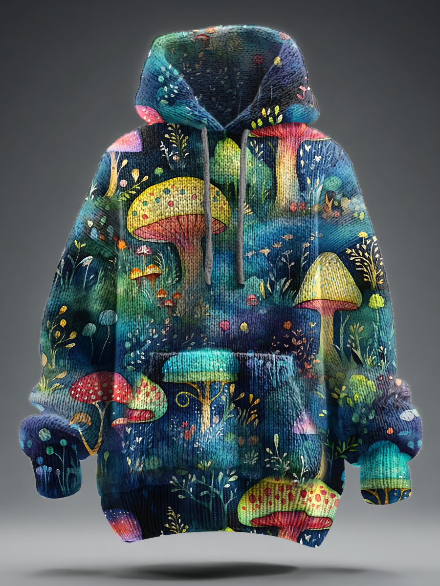 Retro Multicolor Magic Mushrooms Art Print Print Knit Pullover Hooded Sweater