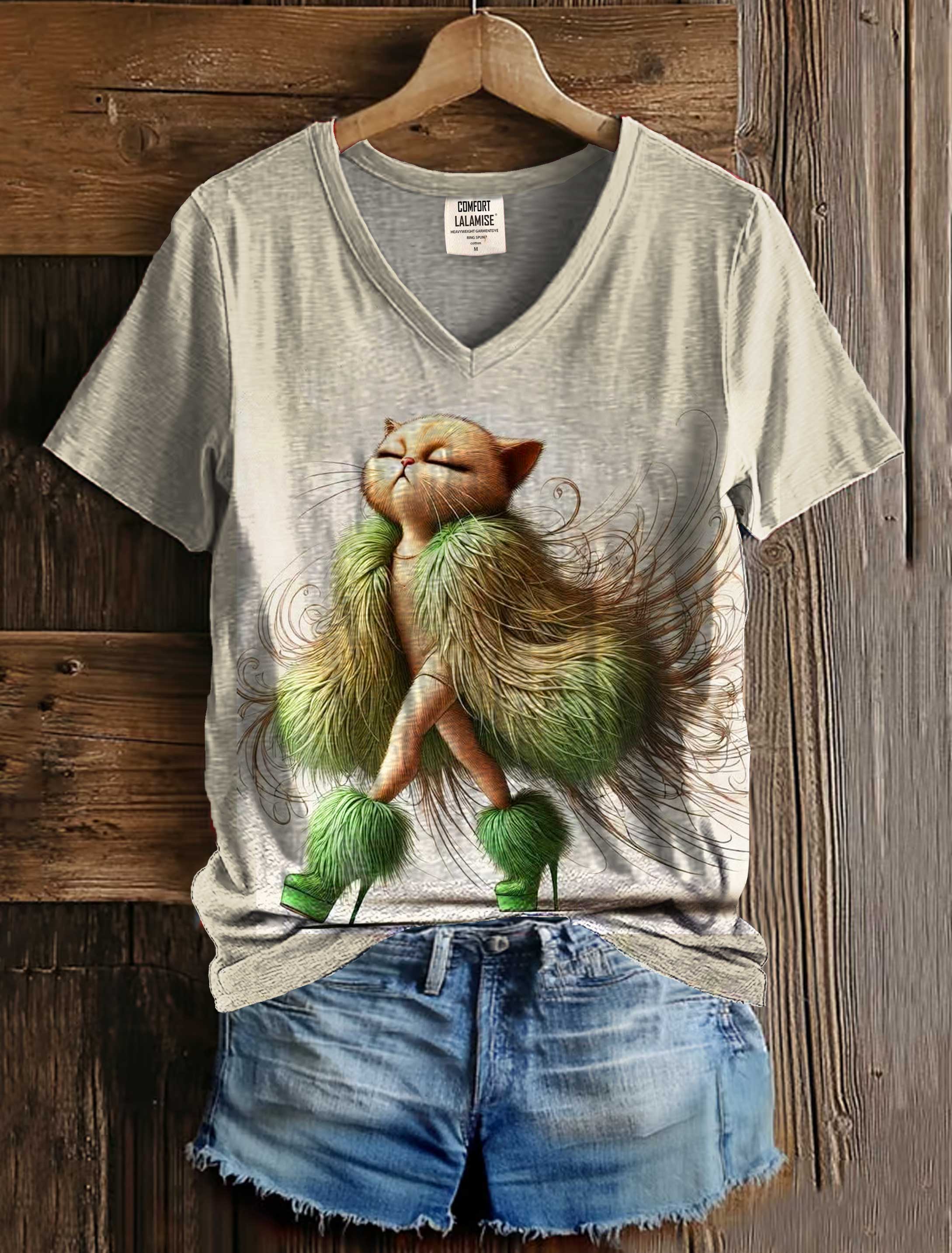Fashion Cat Lady Art Print V-neck Casual T-Shirt