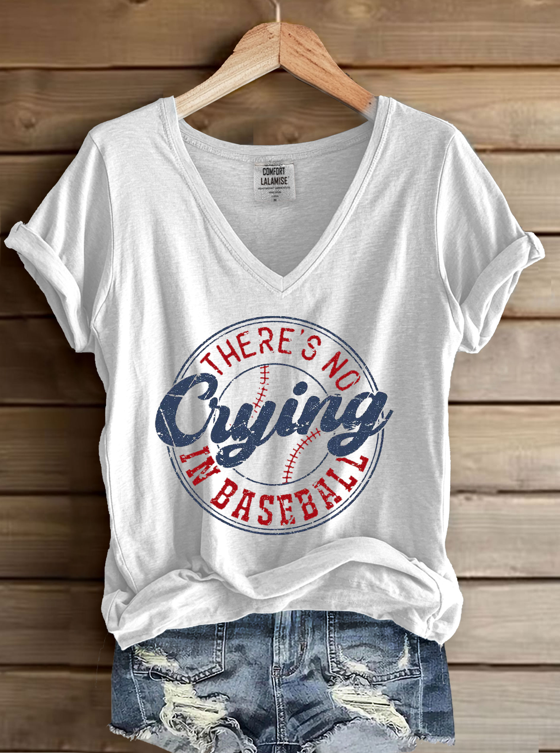 There's No Crying In Baseball Print V-neck Casual T-Shirt