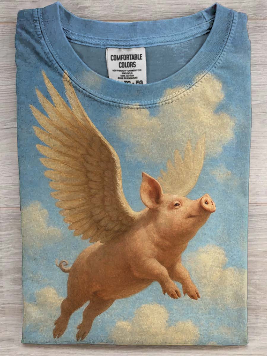 Cute Flying Pig Printed Casual Short Sleeve T-Shirt