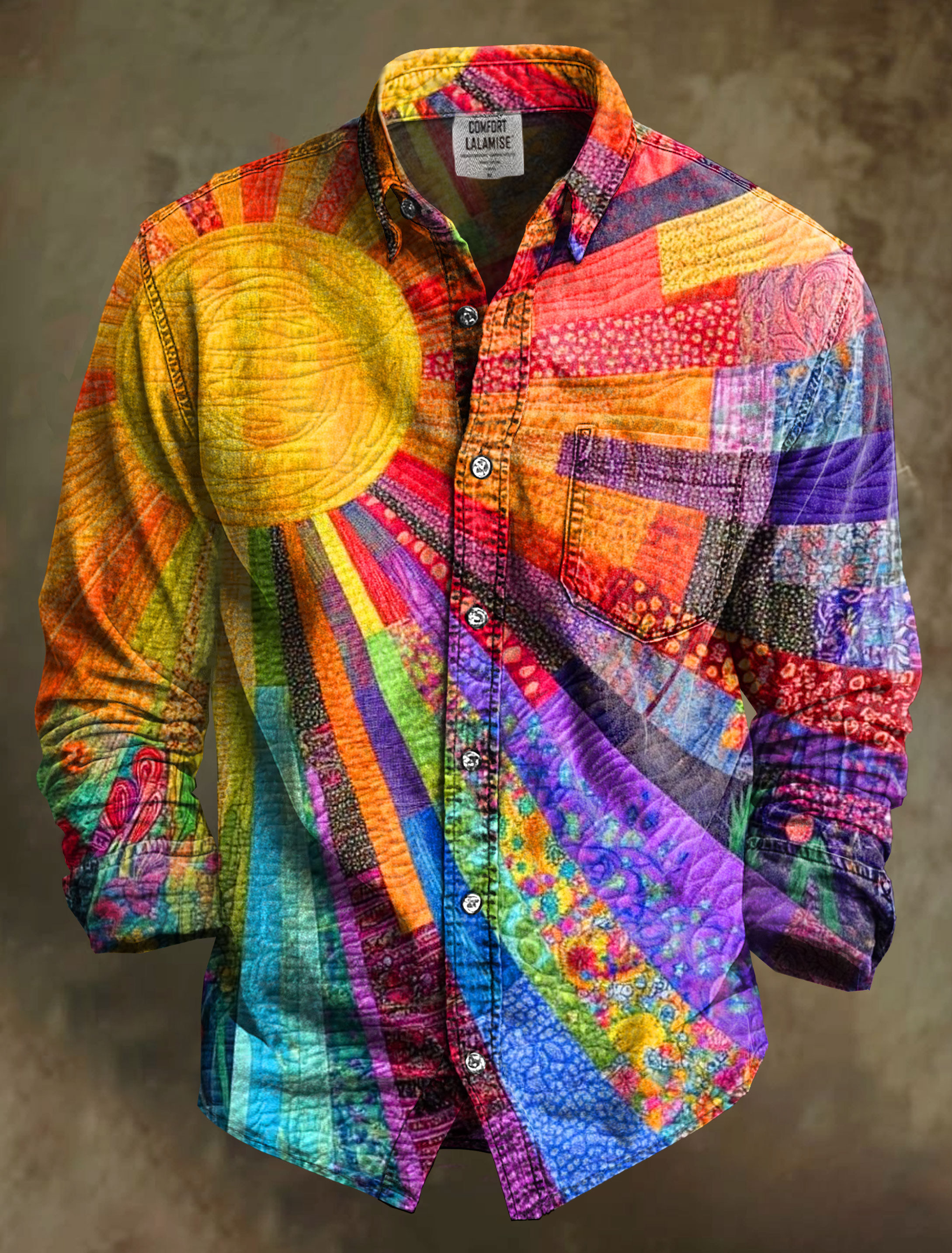 Sunshine Patchwork Art Print 100% Cotton Long Sleeve Shirt