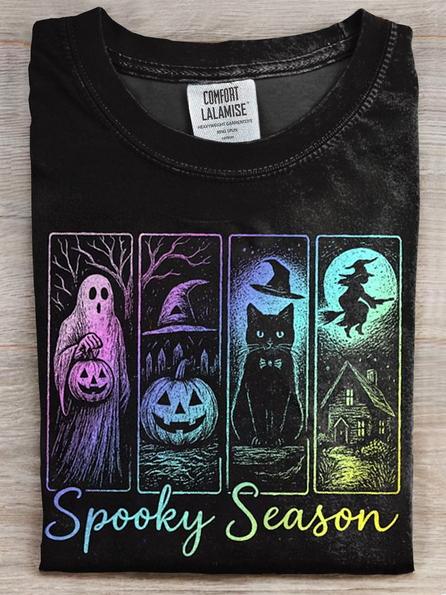 Spooky Season Vintage Halloween Print Casual T-shirt