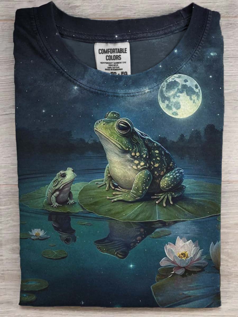 Lotus Frog Print Casual Short Sleeve T-Shirt