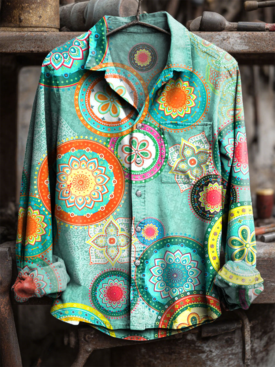 Vintage Light Green Mandala Art Print 100% Cotton Long Sleeve Shirt