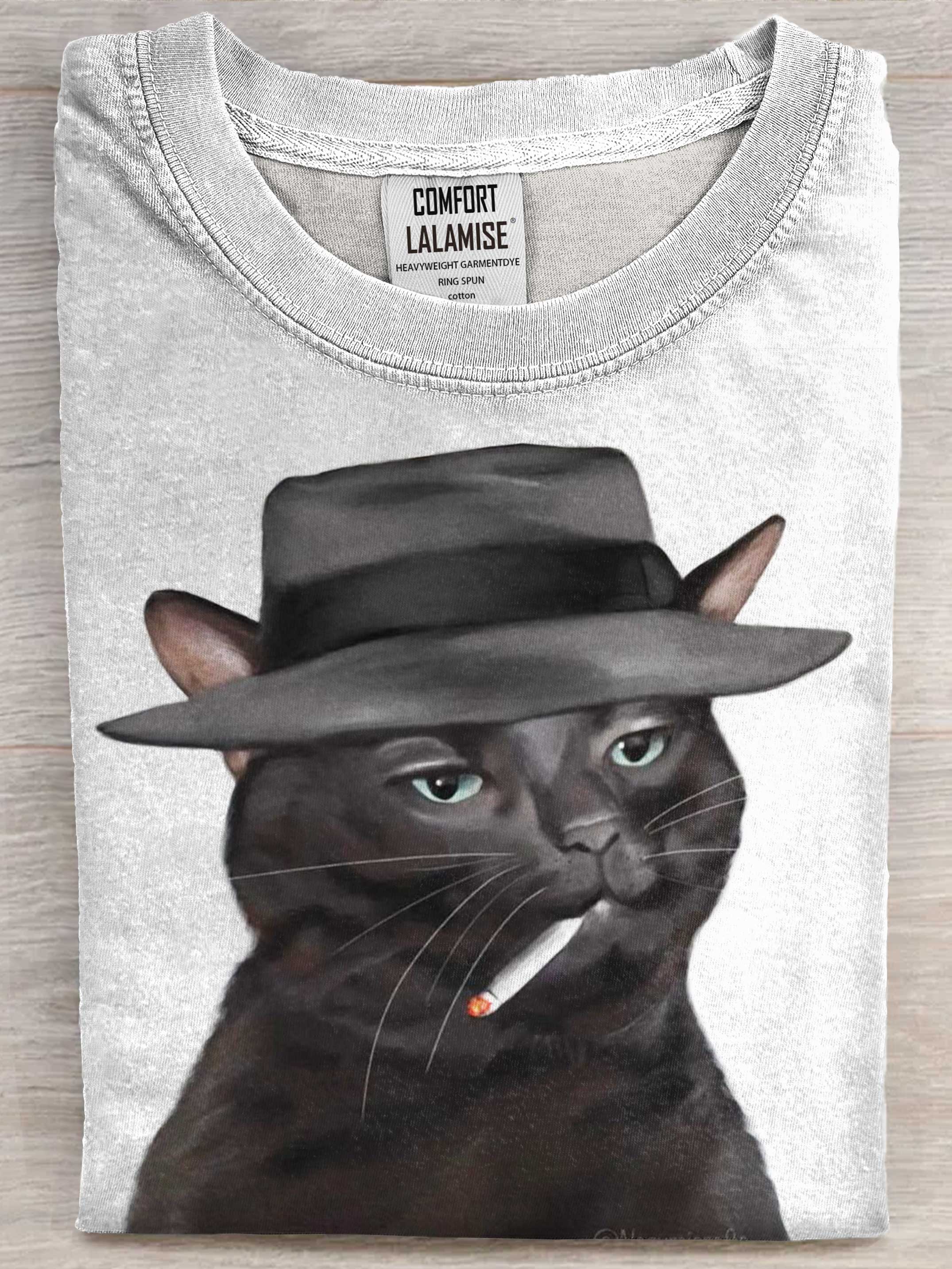 Funny Smoking Black Cat Art Print Casaul Short Sleeve T-shirt