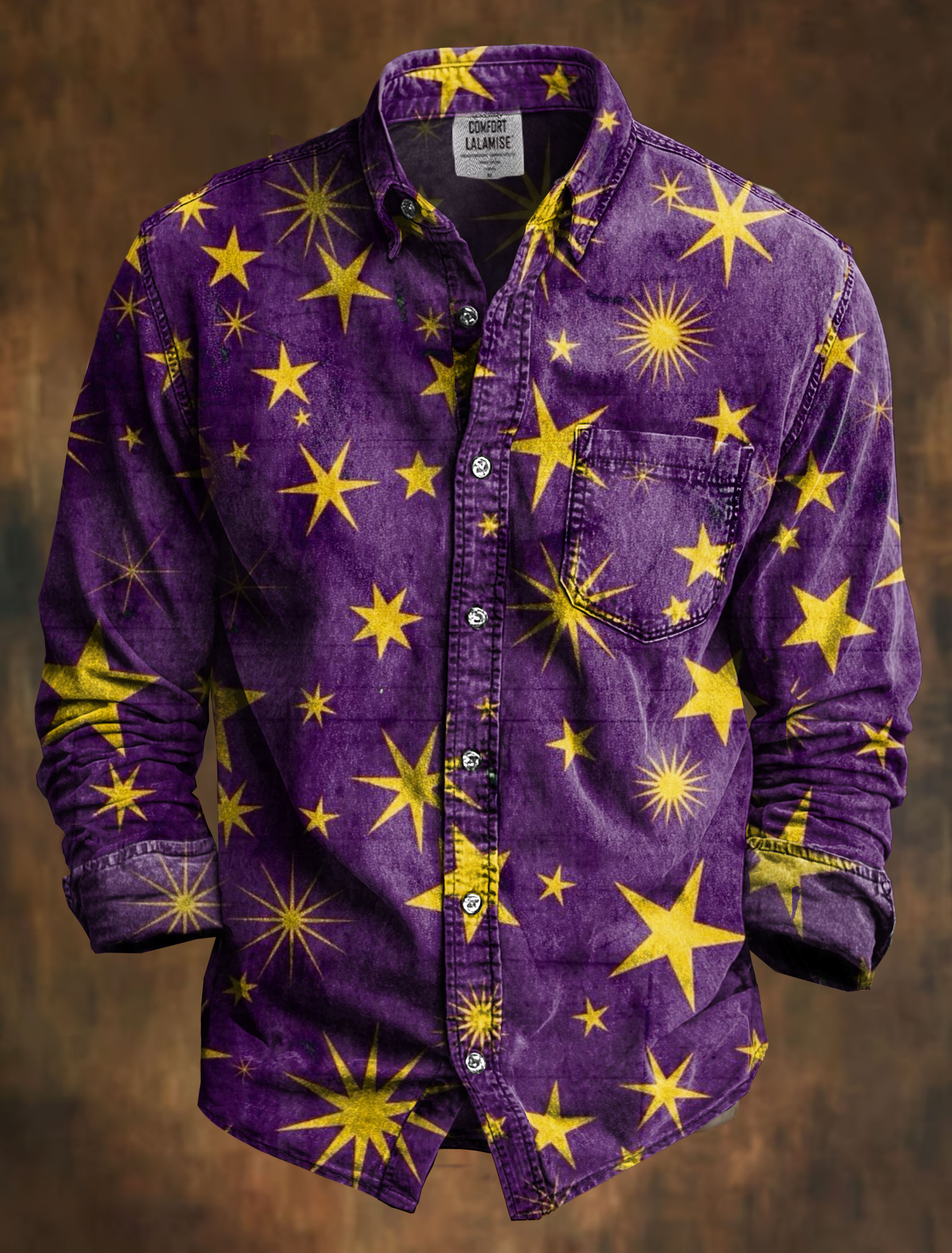 Vintage Purple Golden Star Art Print 100% Cotton Long Sleeve Shirt