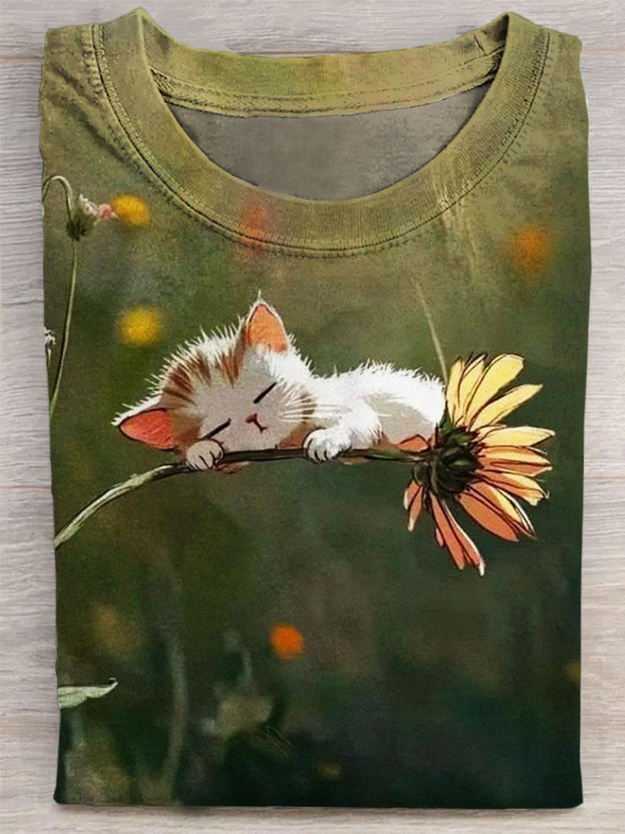 Cute Cat Print Casual T-shirt