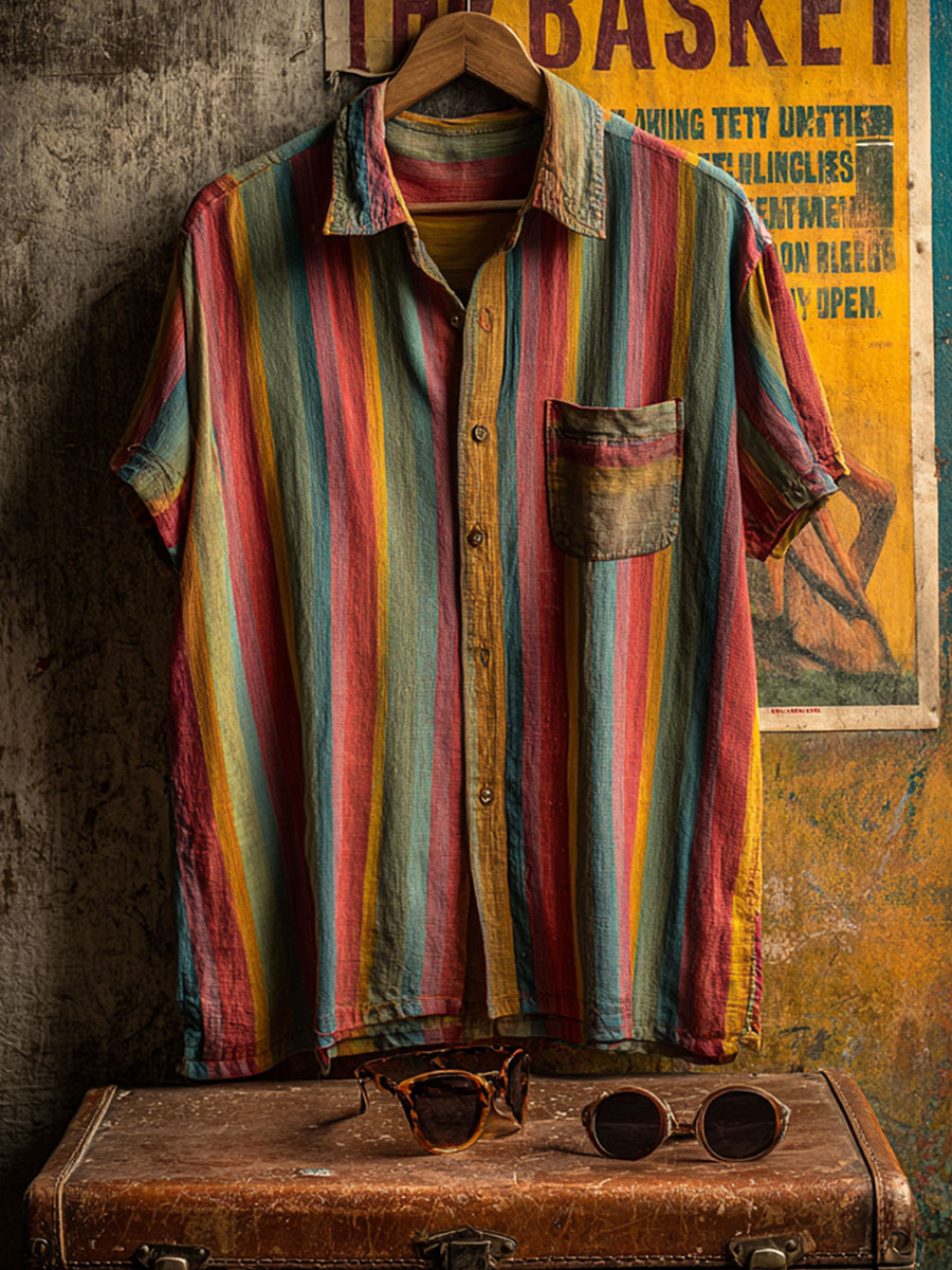Vintage Stripe Art Print Casual 100% Cotton Shirt