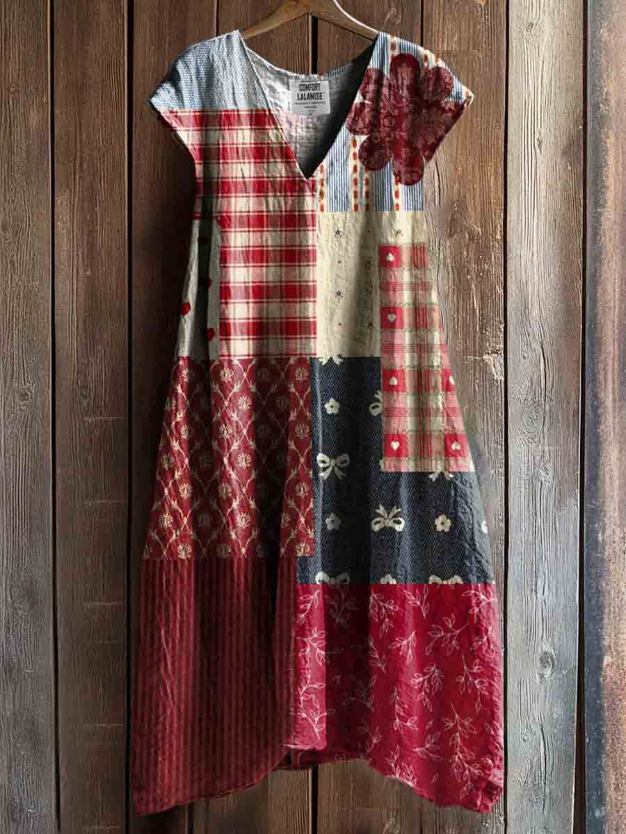 Vintage Patchwork Art Print V-neck Pocket Cotton Dress