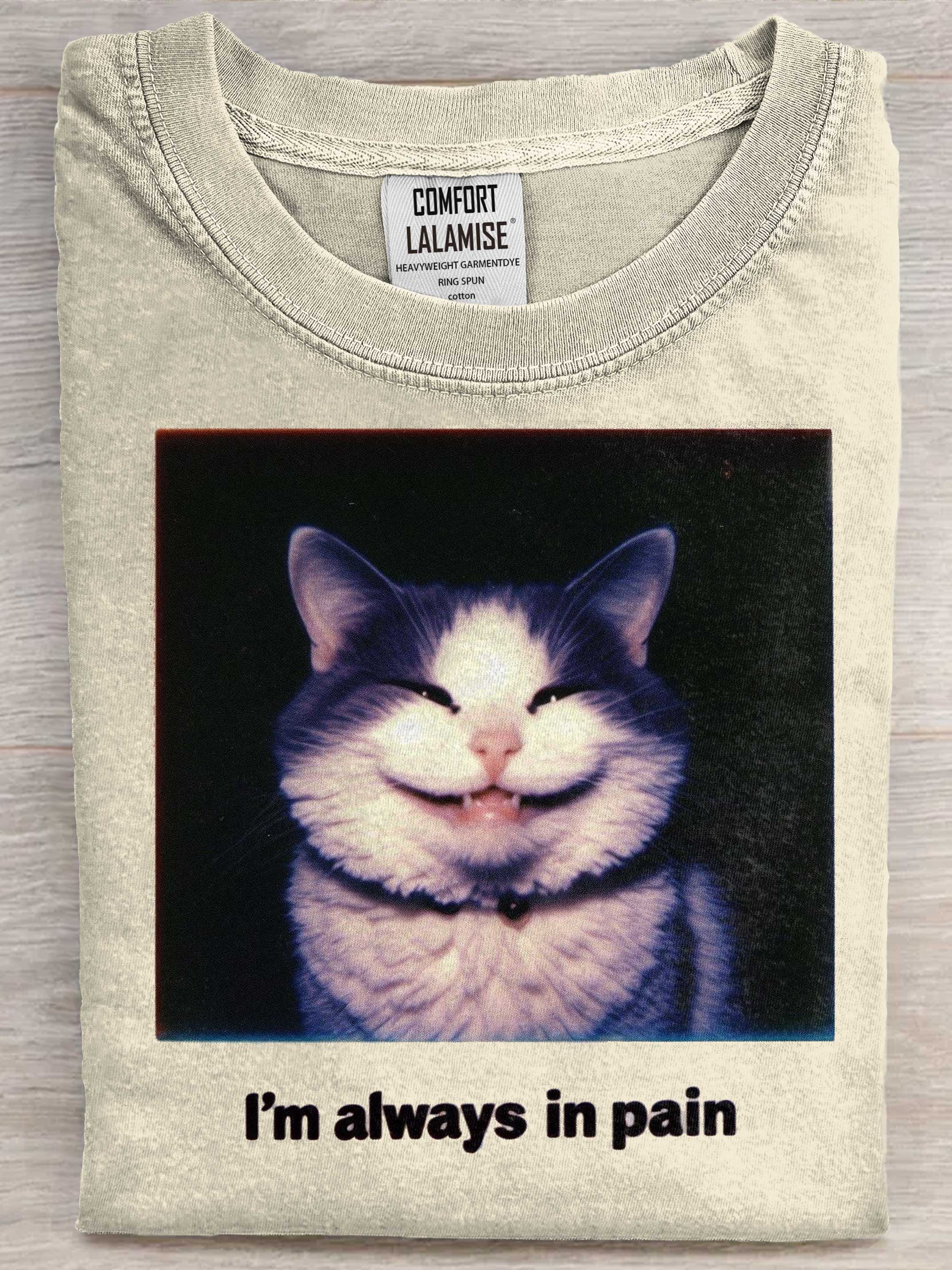 Fake Smile Cat I am Aways In Pain Art Print Casaul Cotton Short Sleeve T-shirt
