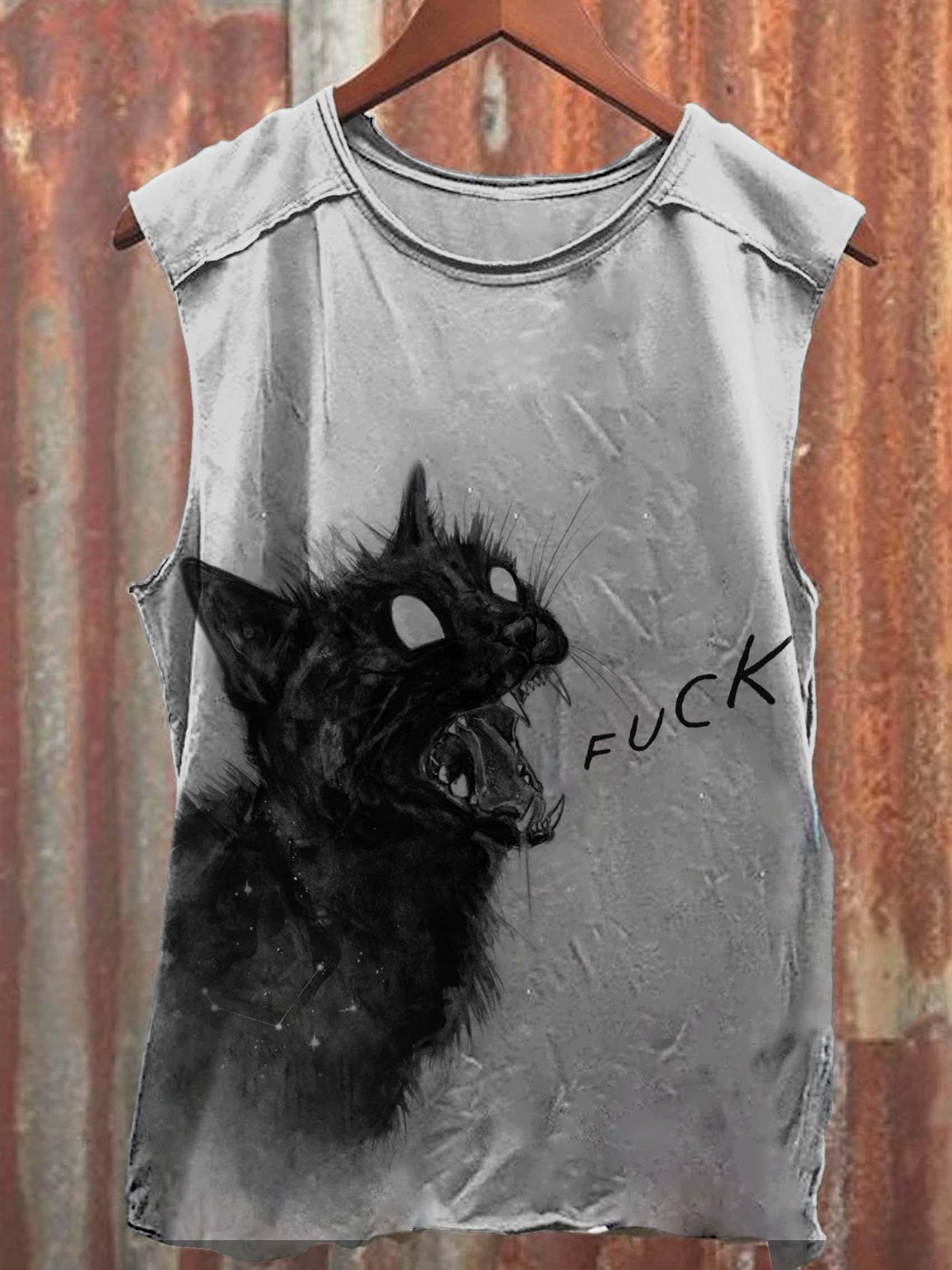 Unisex Black Cat Fuck Print 100% Cotton Casual Tank Top