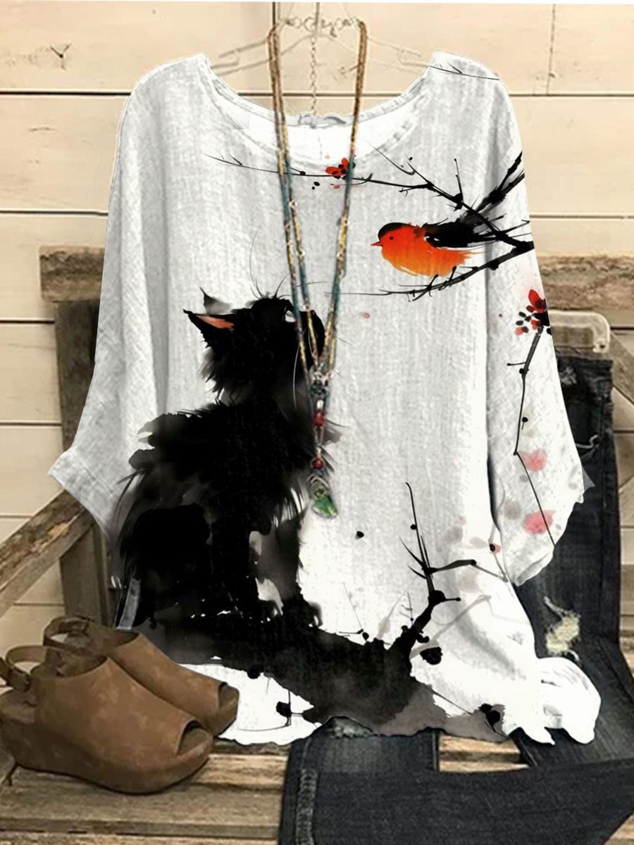 Women's Cat Bird Chat Art Print Casual Top