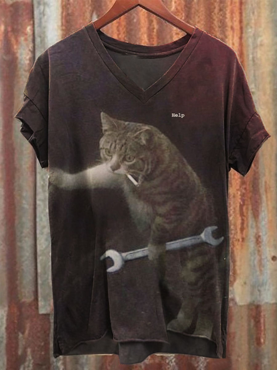 Funny Cat Print V-neck Casual T-Shirt
