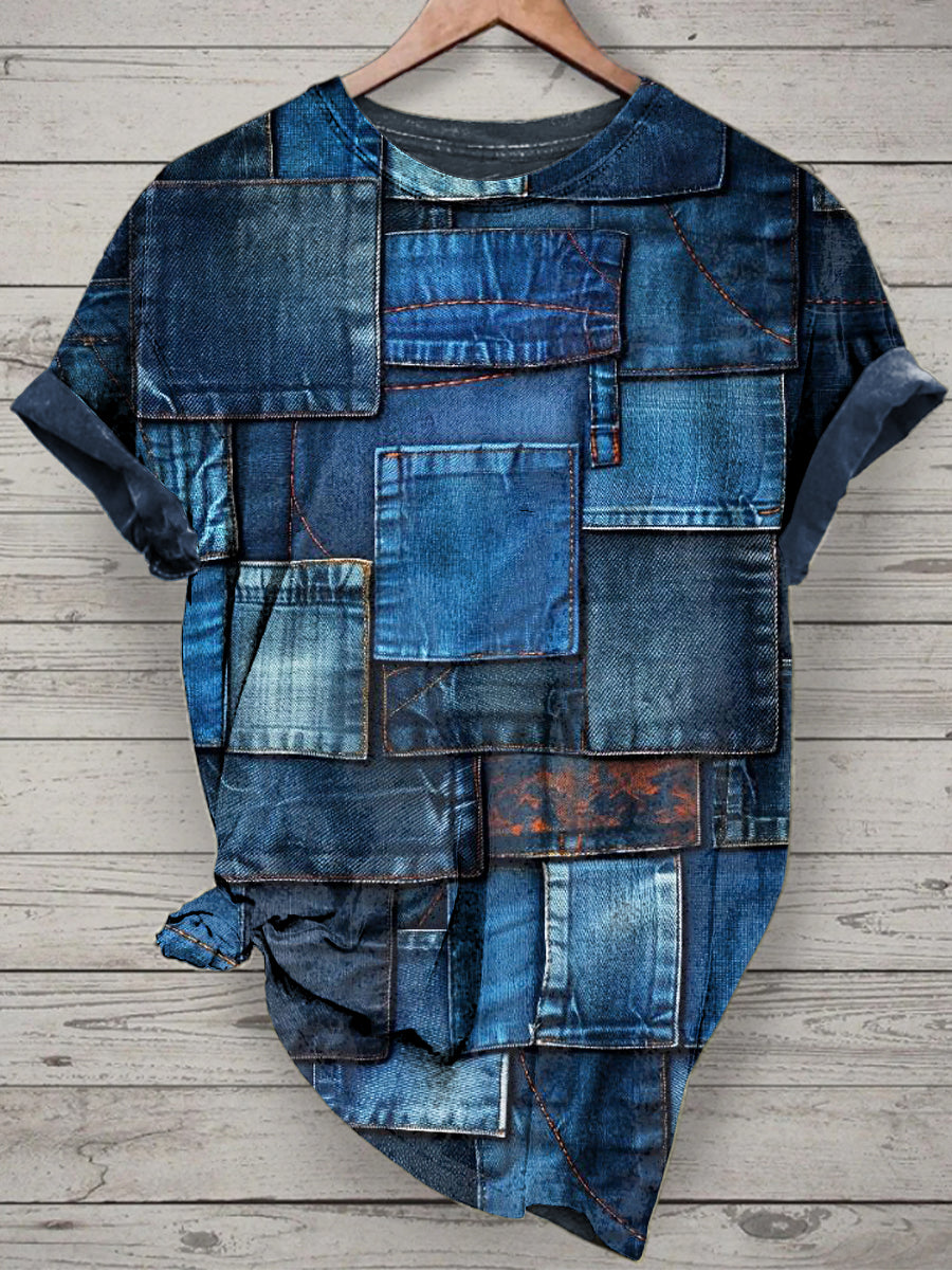 Unisex Cowboy Splicing Printed Vintage Fashion Loose Short Sleeve T-Shirt