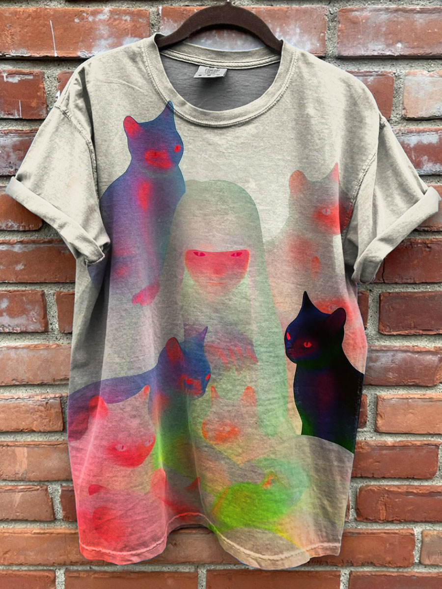 Cat Art Print Casual T-shirt