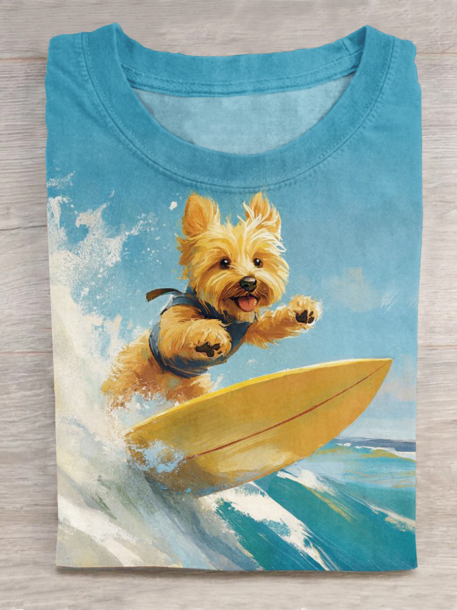 Dog Art Printed Crew Neck Short Sleeve T-Shirt