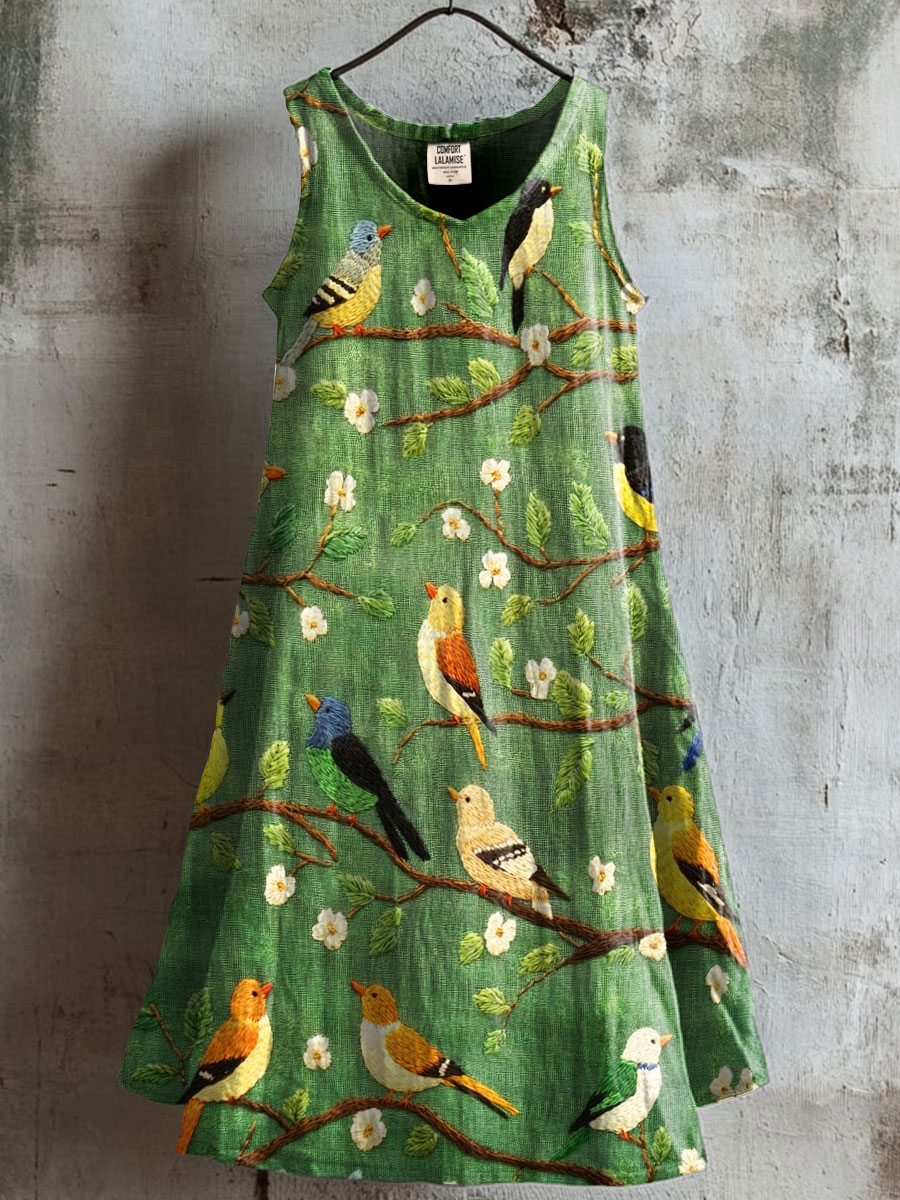 Women's Spring Bird Art Print V-neck Pocket Cotton Dress