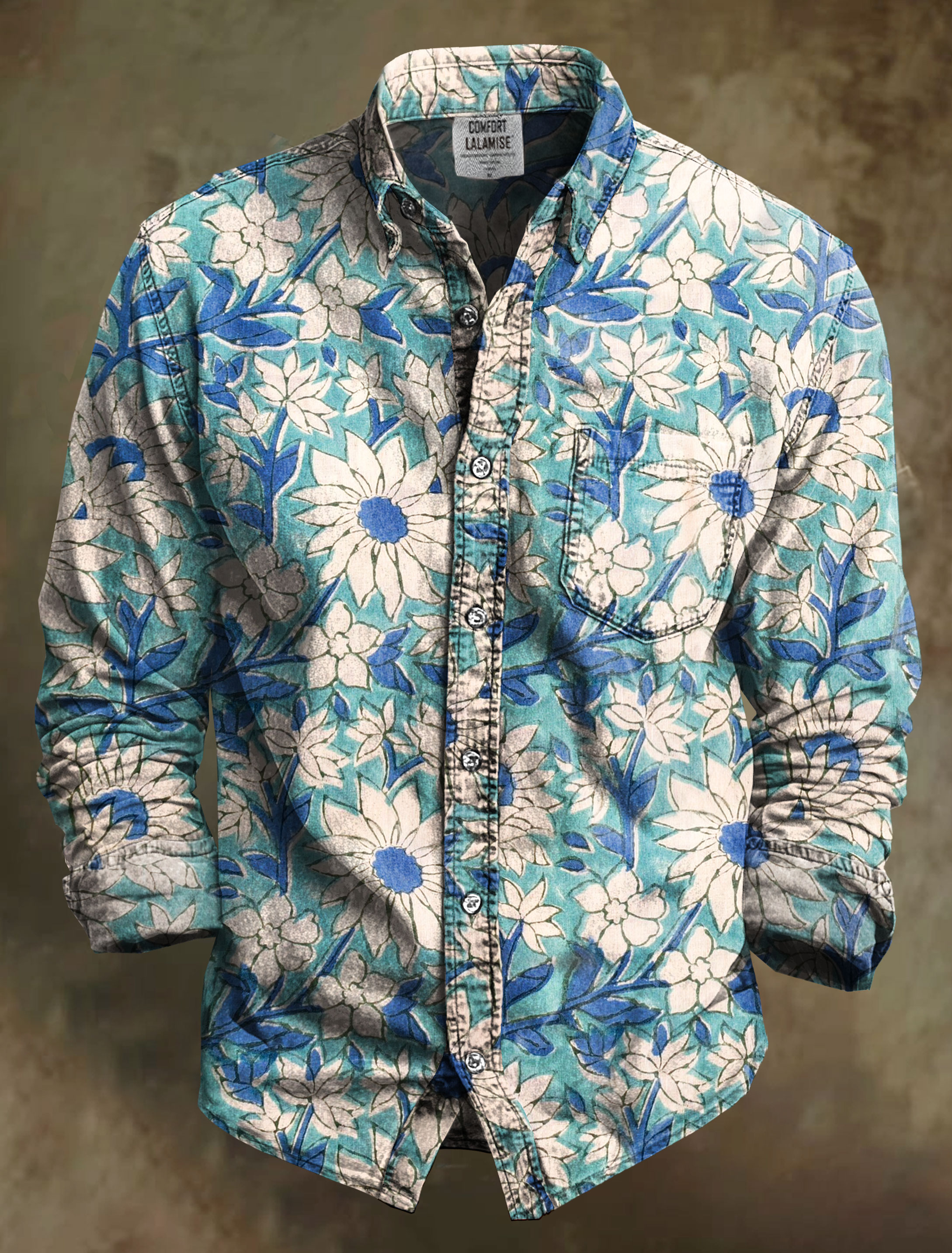 Vintage Flower Art Print 100% Cotton Long Sleeve Shirt