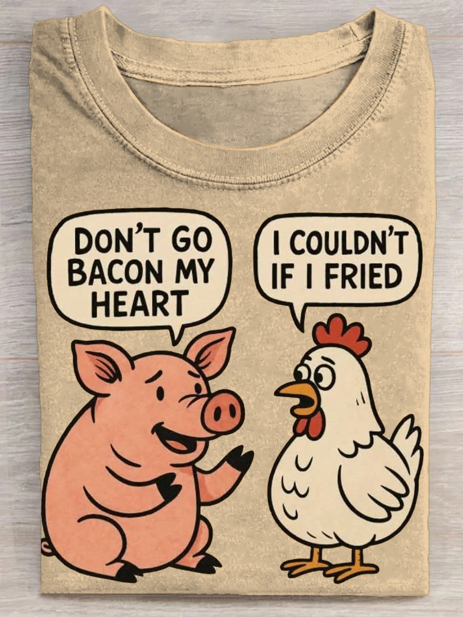 Funny Chicken Pig Dialogue Art Print Casual Short Sleeve T-Shirt