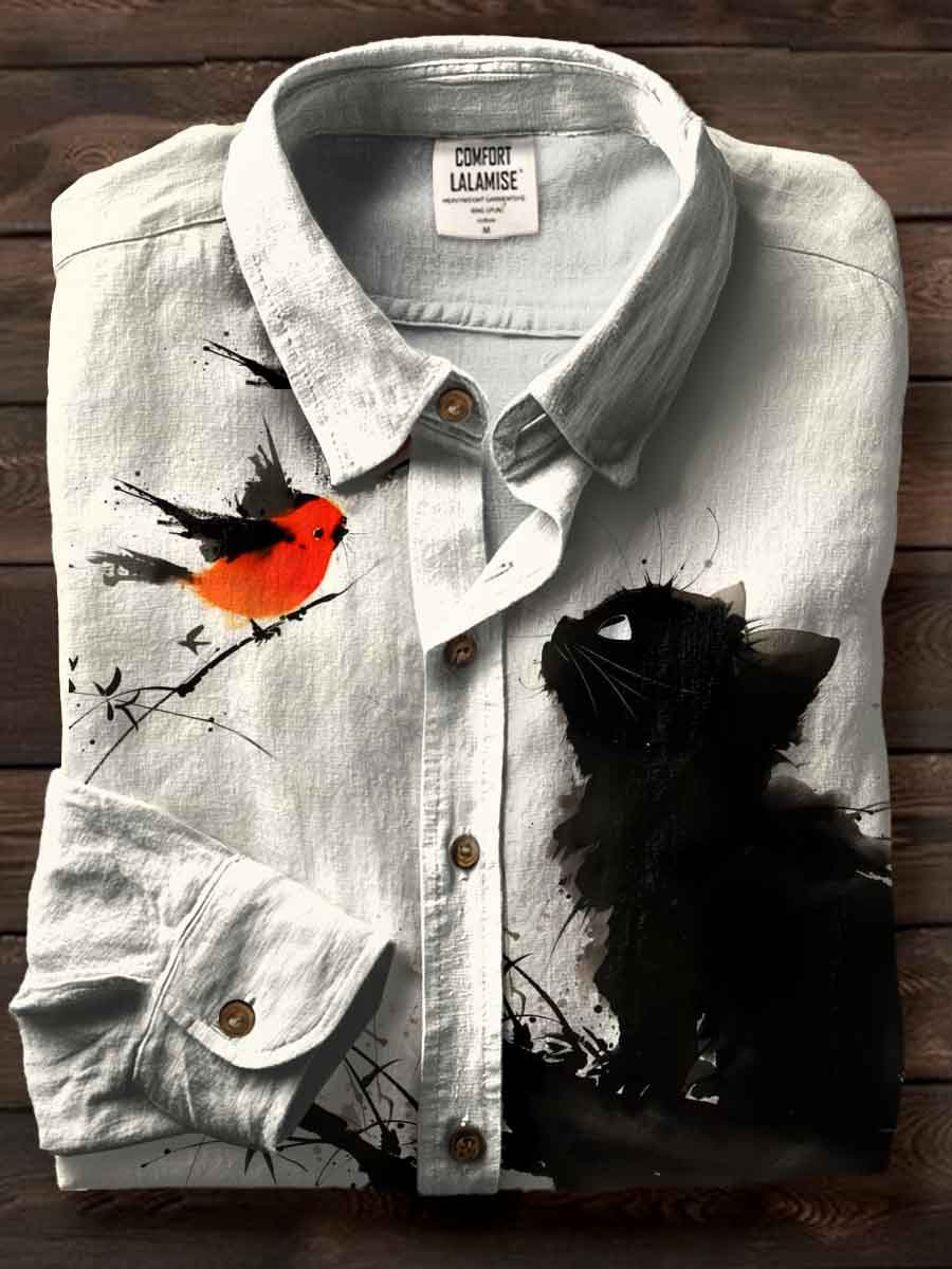 Vintage Watercolor Cat Fancy Art Print Casual Cotton Shirt