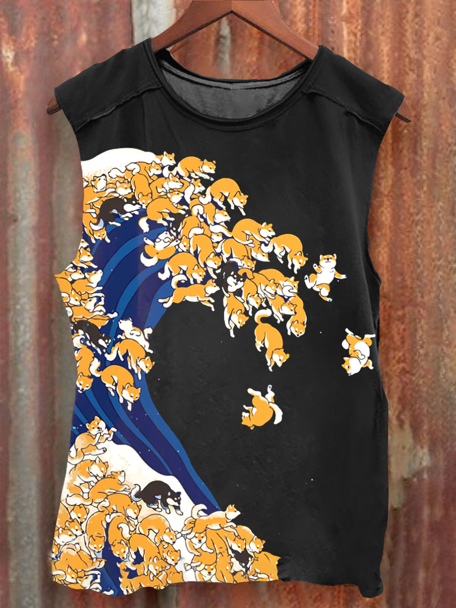 Dog Wave Art Print 100% Cotton Casual Tank Top