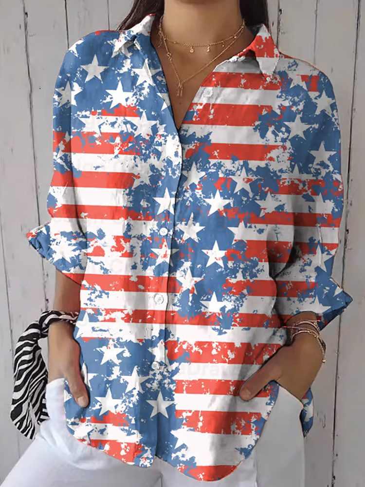 Women's Independence Day Vintage Flag Print Casual Shirt