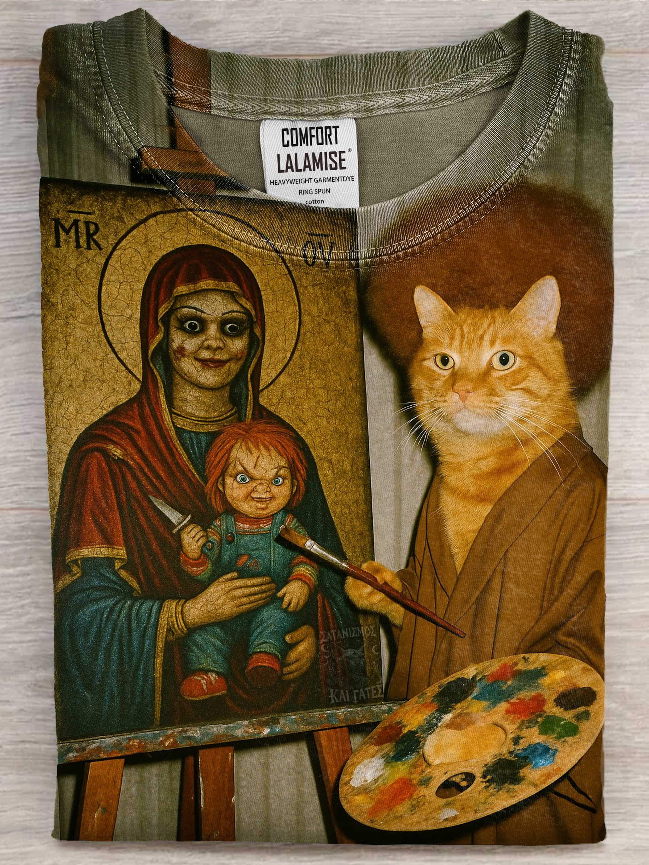 Funny Cat Painting Art Print Casaul Cotton Short Sleeve T-shirt