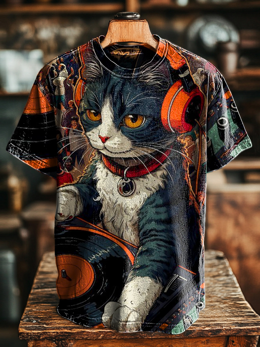 Unisex Retro Cat DJ Music Print Casual Short Sleeve T-Shirt