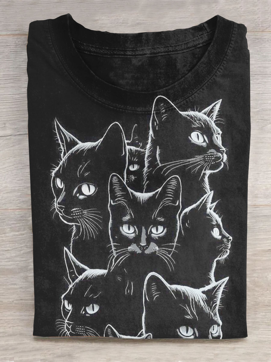 Cute cat print crew neck short sleeves