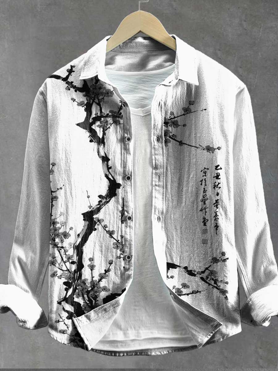 Plum blossom Watercolor Painting Art Print 100% Cotton Long Sleeve Shirt