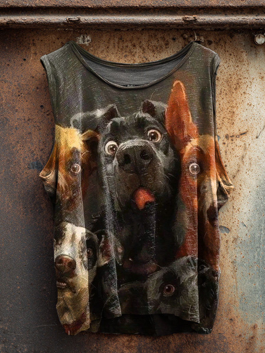 Vintage Dog Print 100% Cotton Casual Tank Top