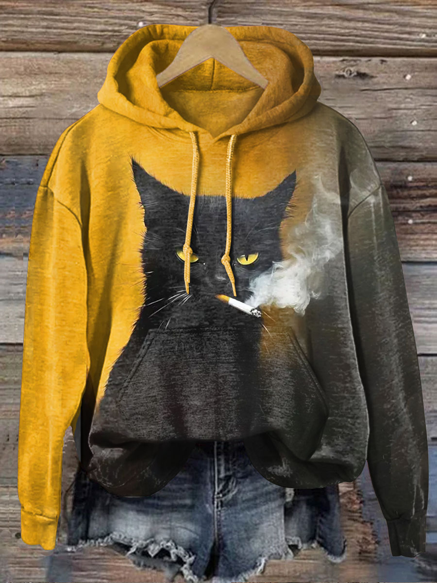 Funny Smoking Cat Art Print Casual Hoodie Sweatshirt
