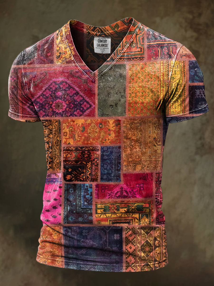Retro Patchwork Art Print Casaul Short Sleeve V-neck T-shirt