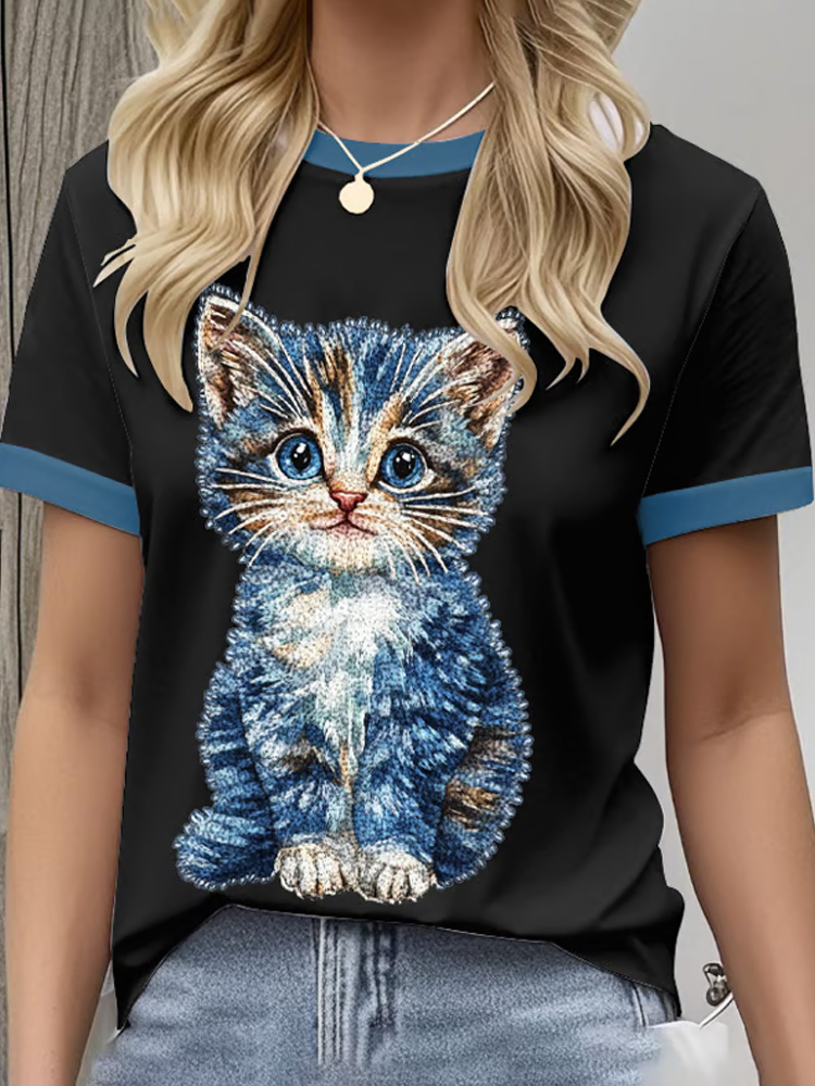 Women's Retro Funny Denim Patch Animal Cat Print Crew Neck T-shirt