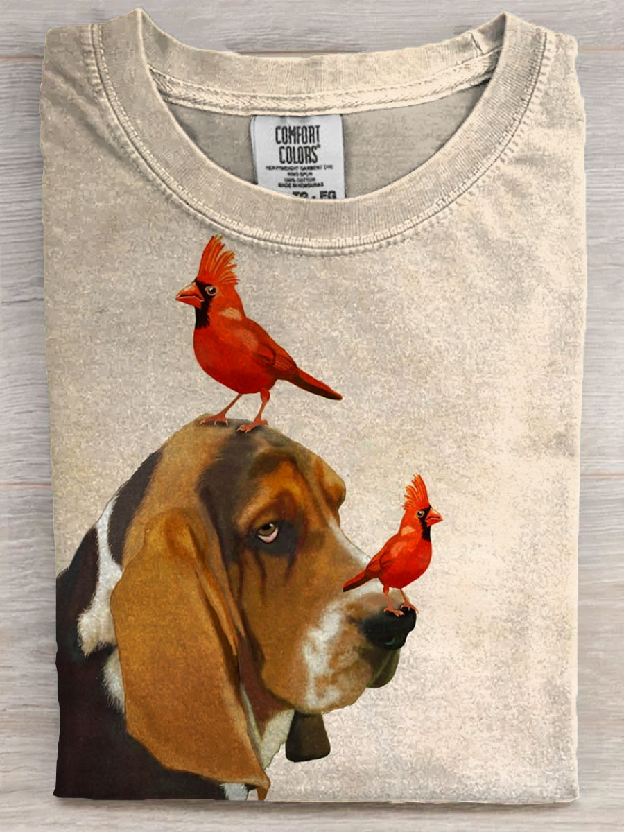 Dog With Cardinal  Art Print Casaul Short Sleeve T-shirt
