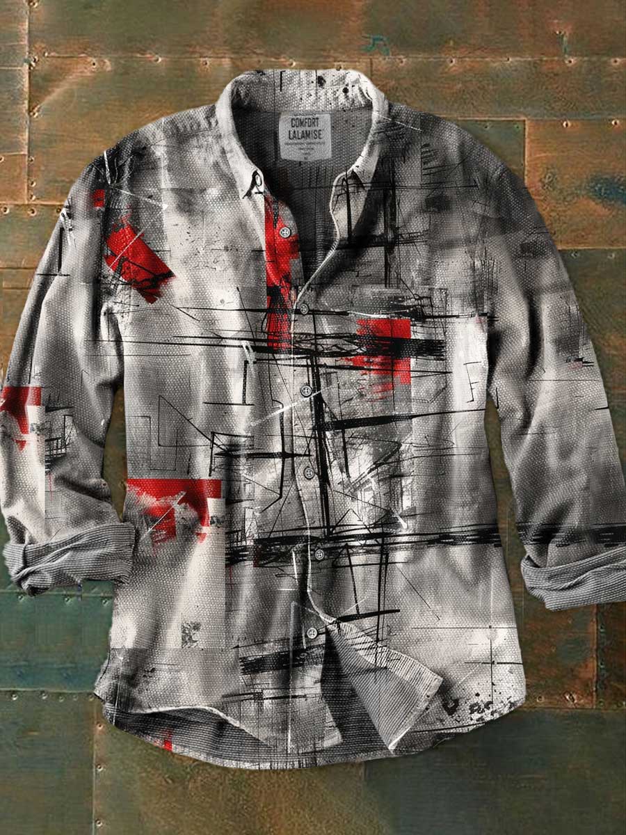 Vintage Abstrct Art Print 100% Cotton Long Sleeve Shirt