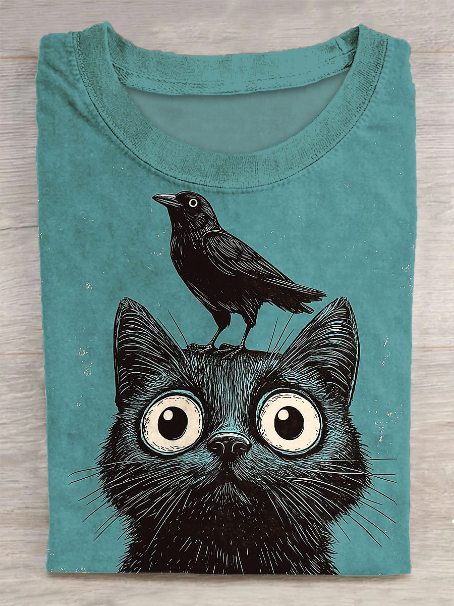 Unisex Cat And Crow Printed Vintage Fashion Loose Short Sleeve T-Shirt