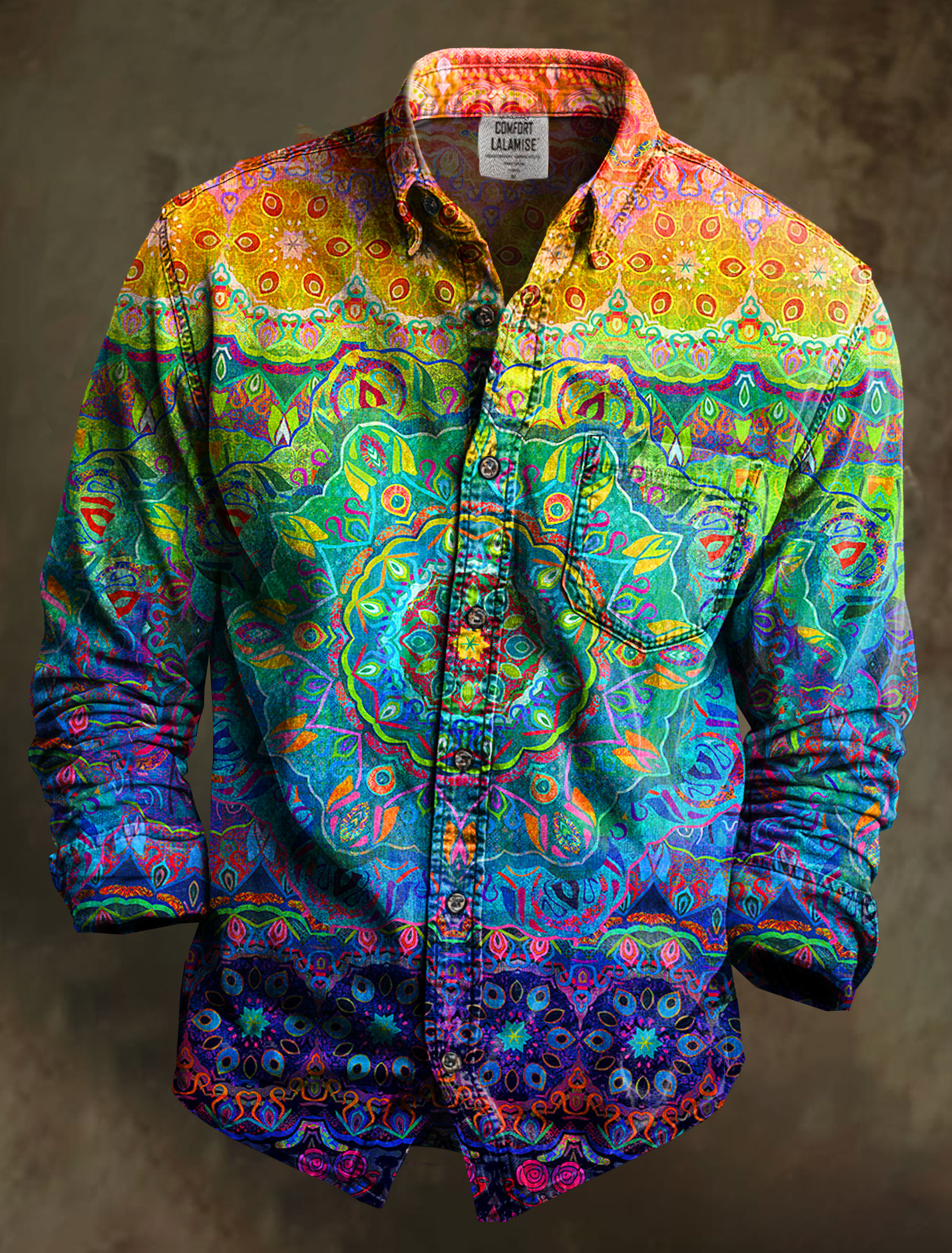 Faux Woven Rainbow Art Print 100% Cotton Long Sleeve Shirt